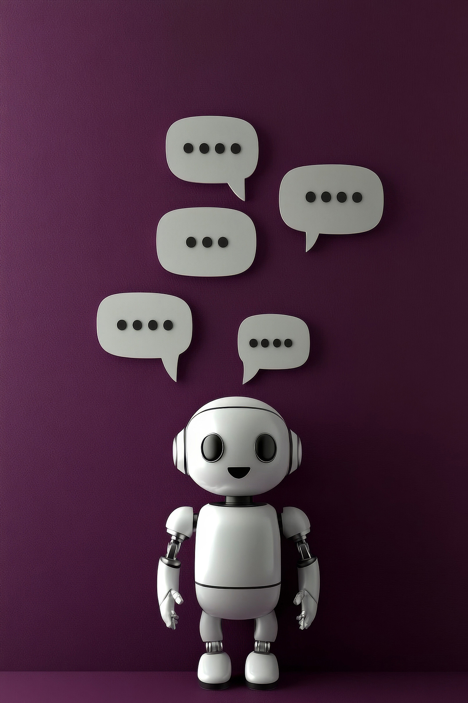 Chat Bot: AI Assistant. Friendly chatbot, AI, robot character concept. Smiling robot. Transparent background.