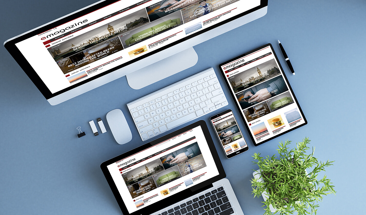 Blue,Devices,Top,View,Home,E-magazine,3d,Rendering.,Some,Elements