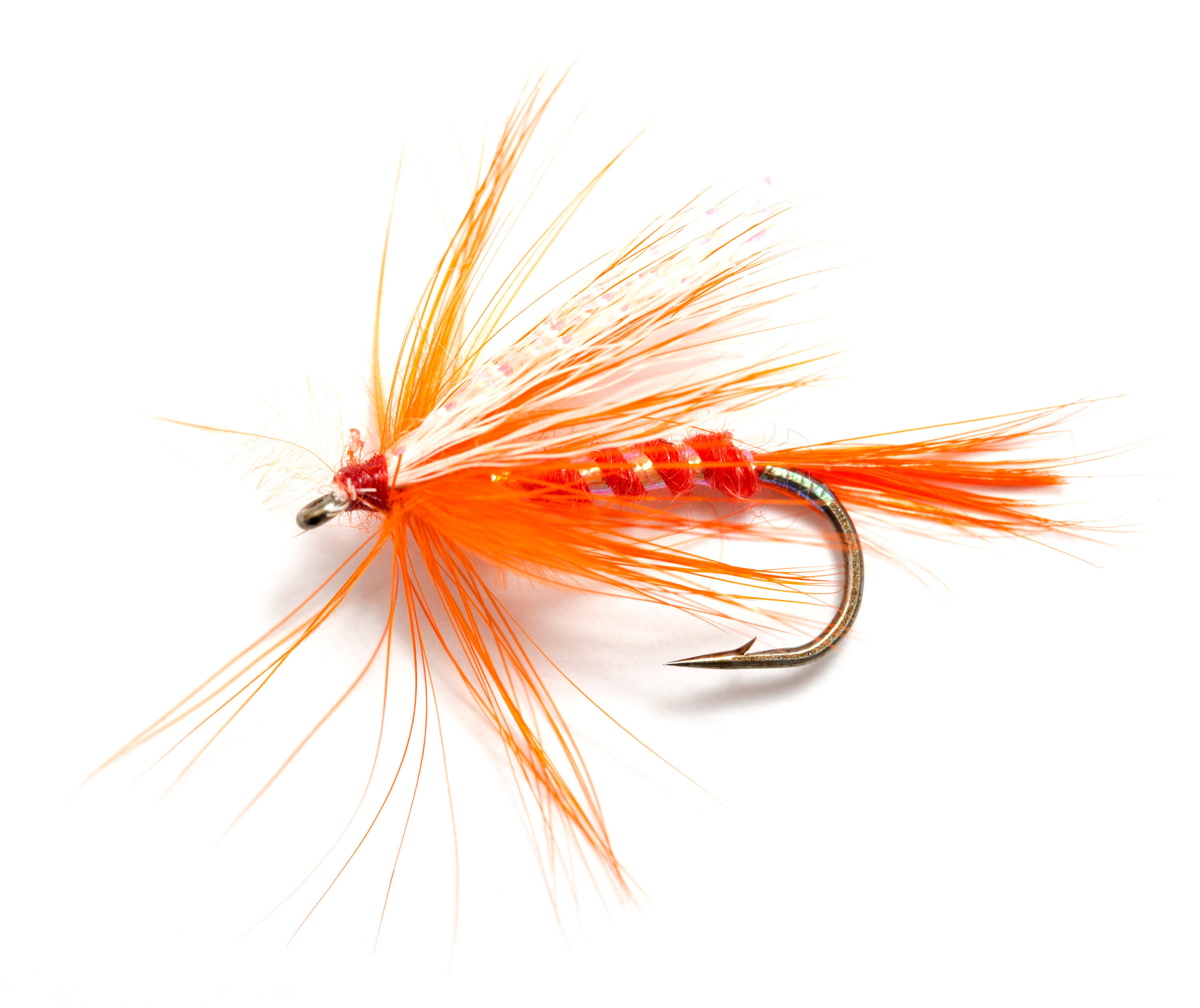 Fluffy fly fishing hook isolated on white