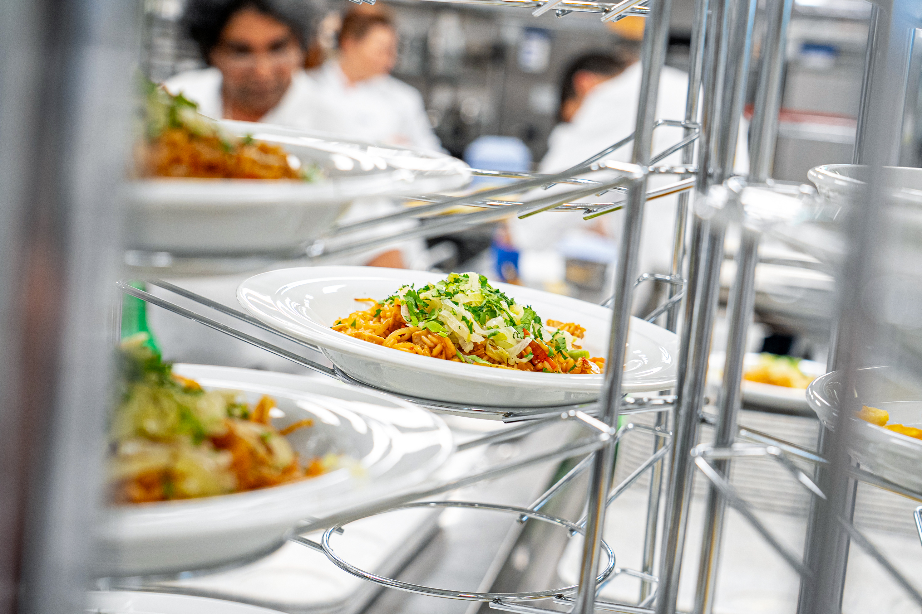 Die Mahlzeiten werden auf Porzellantellern des deutschen Herstellers Seltmann Weiden angerichtet. Diese sind genau auf das Induktionssystem der Firma Schmalz abgestimmt.