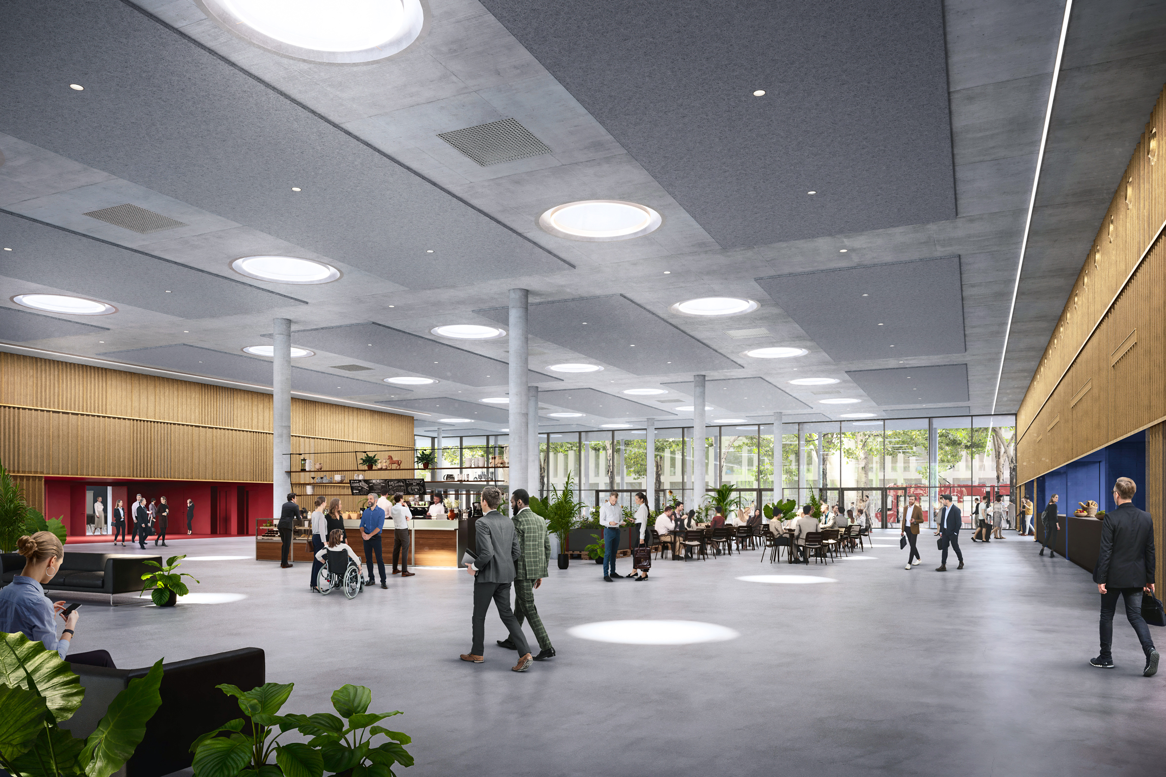 Begegnungsort, Empfangsbereich und Ausstellungsfläche in einem – ausserhalb des Eventbetriebs wird ein Teil des Foyers zum Café des Artistes, einer öffentlichen Café-Bar.