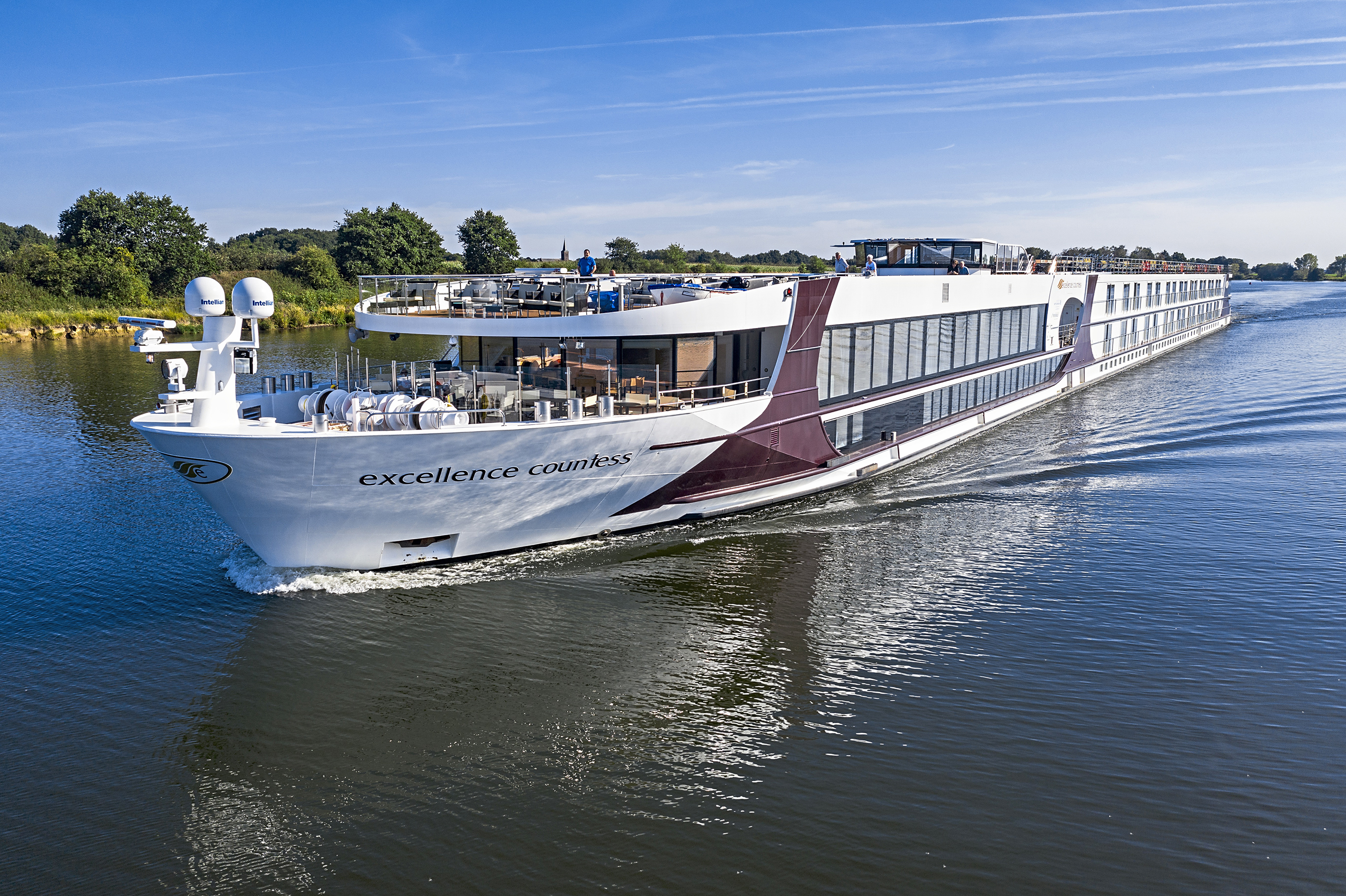 Aerial of river cruise ship Excellence Countess (Reisebüro Mittelthurgau) on Maas river, Kessel, Limburg, Netherlands