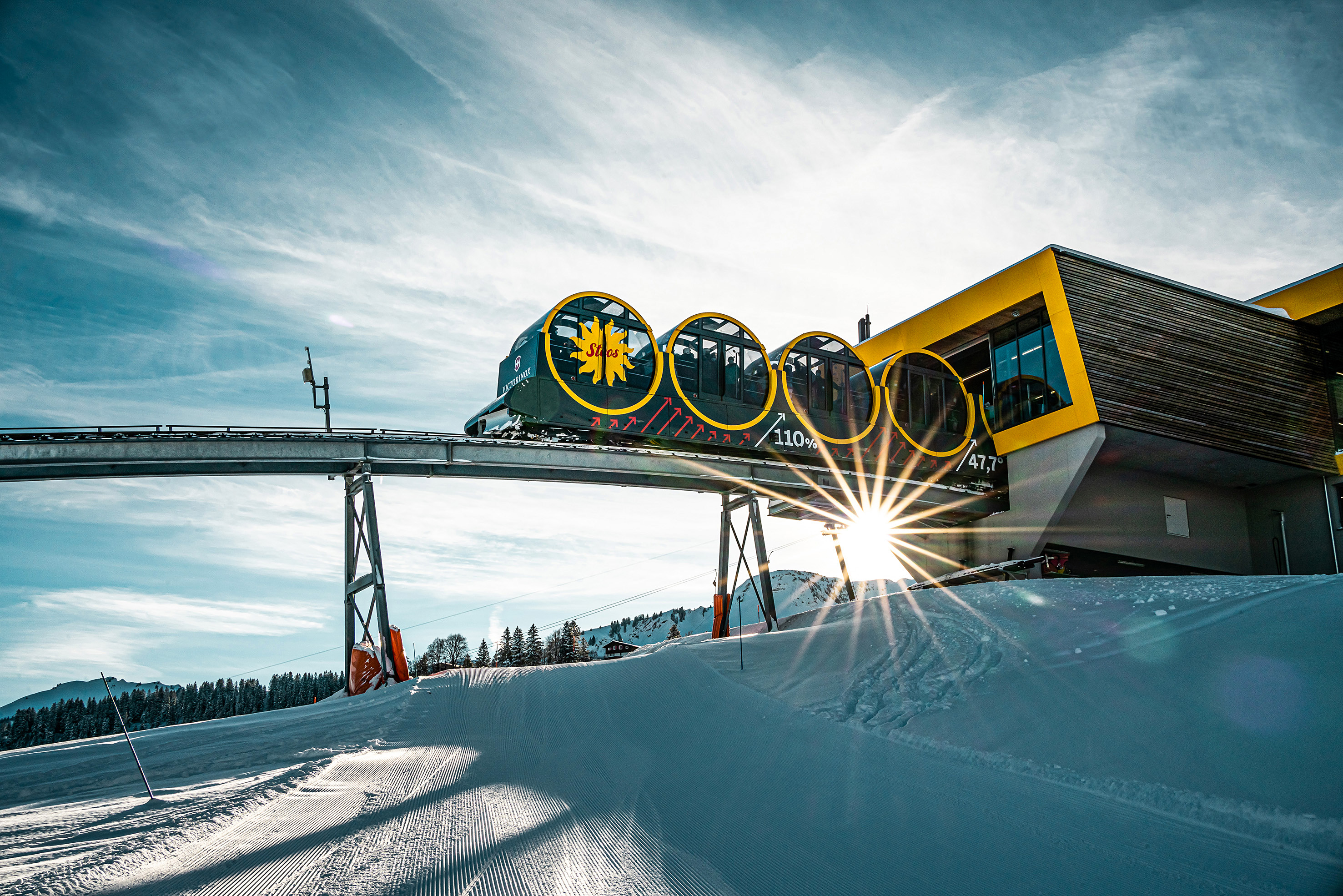 Die steilste Standseilbahn der Welt geht von Schwyz mitten ins Bergdorf Stoos.